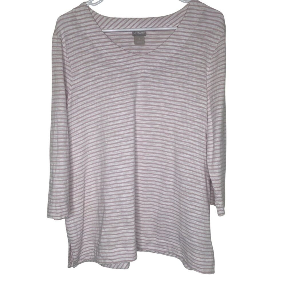 Chicos Top Womens Size 2 Large Pink & White Striped 3/4 Sleeve Cotton Bend Casua